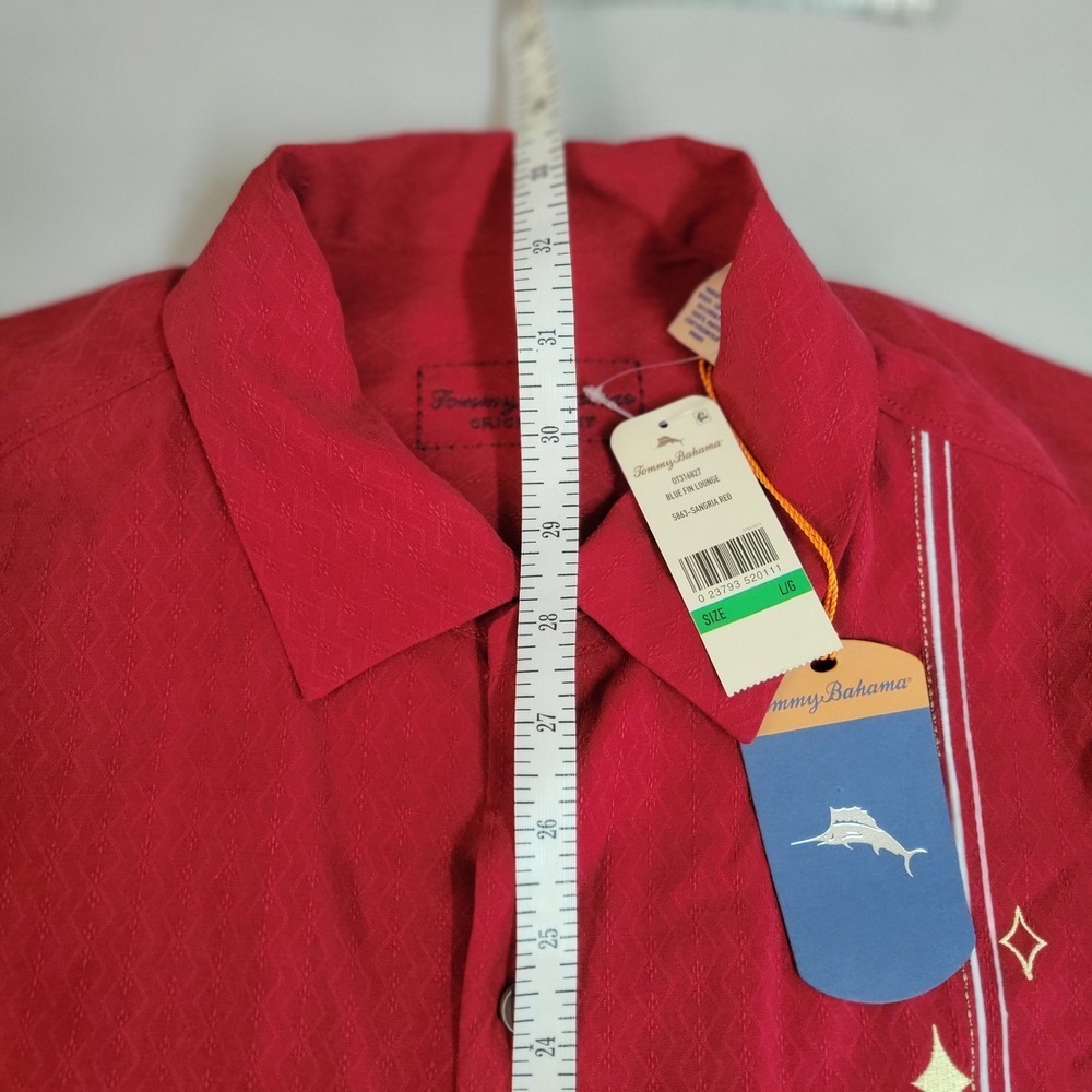 Tommy Bahama Blue Fin Lounge Silk Camp Shirt Red Playing Cards Marlin Mens L NEW - Picture 8 of 10